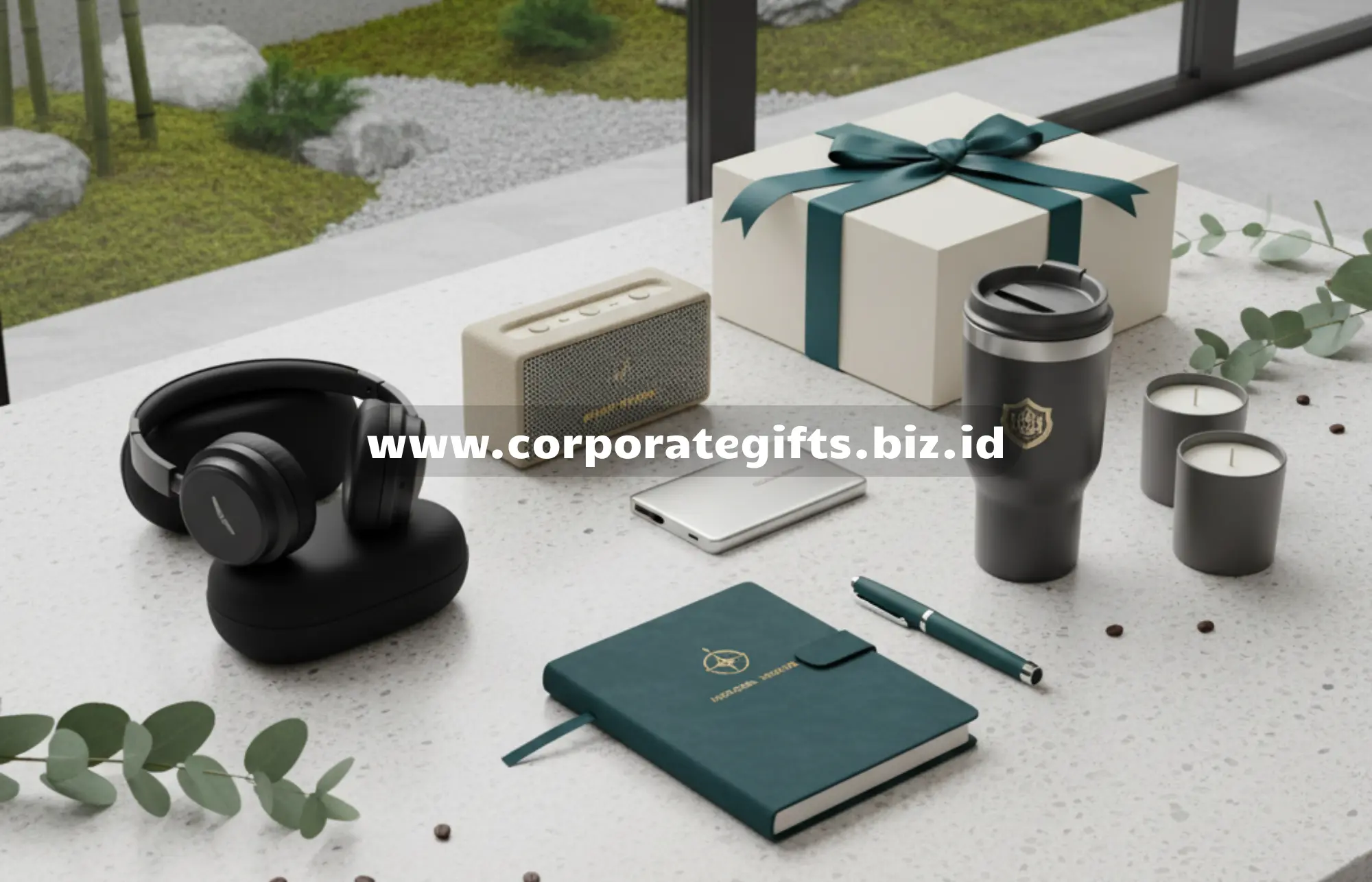 Contoh corporate gift perusahaan berupa notebook, tumbler, dan pulpen berlogo yang mencerminkan filosofi perusahaan